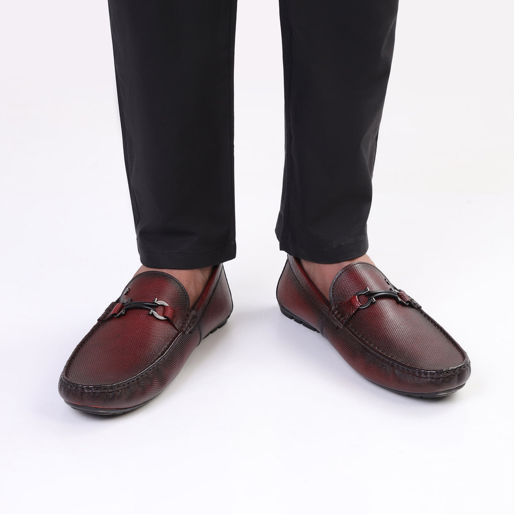 Dot Embossed Buckled Moccasins - Maroon