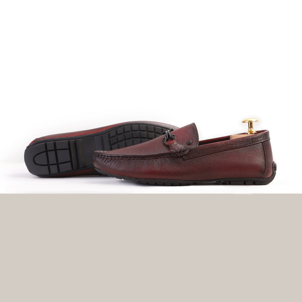 Dot Embossed Buckled Moccasins - Maroon