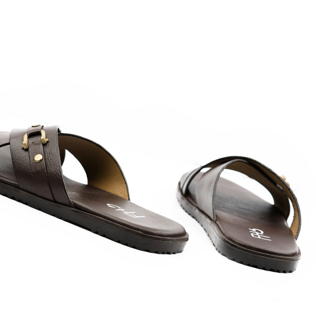 Cross-Strapped Buckled Slippers - Brown