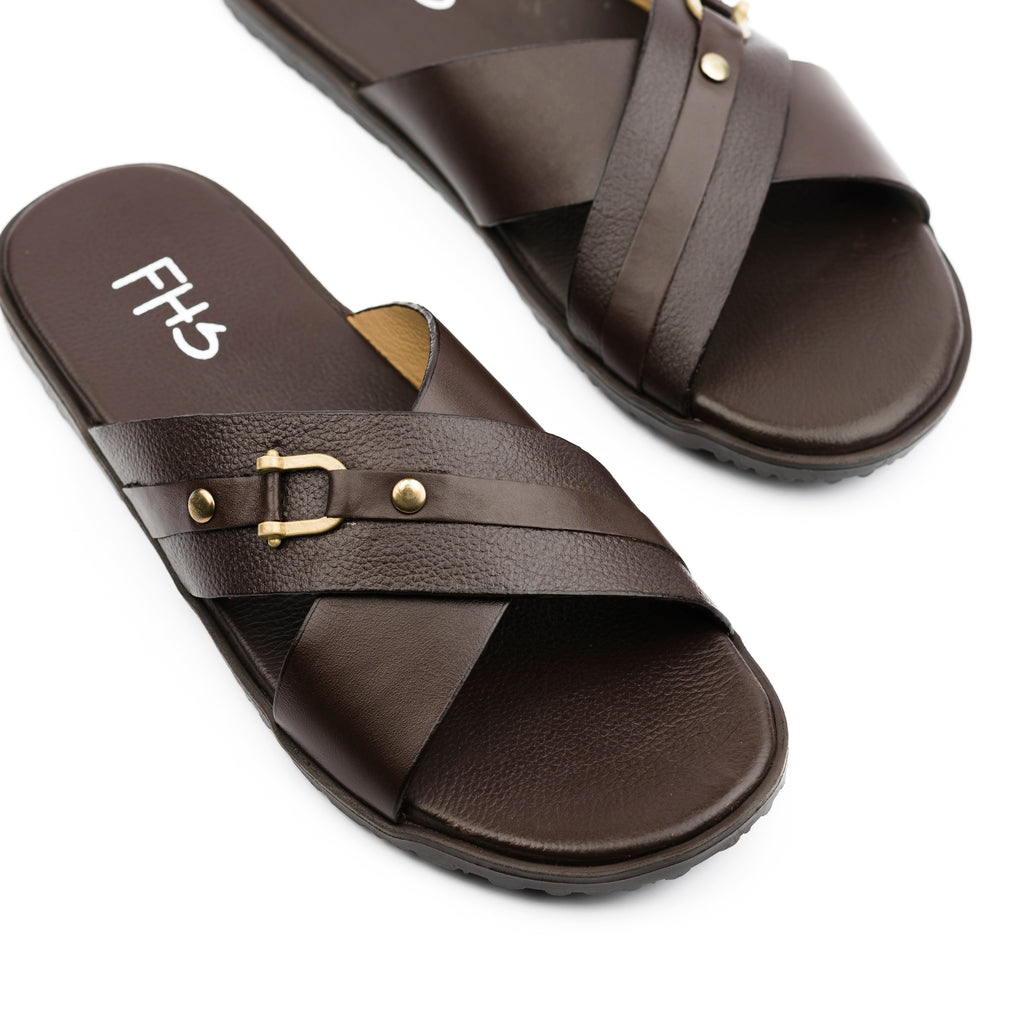 Cross-Strapped Buckled Slippers - Brown