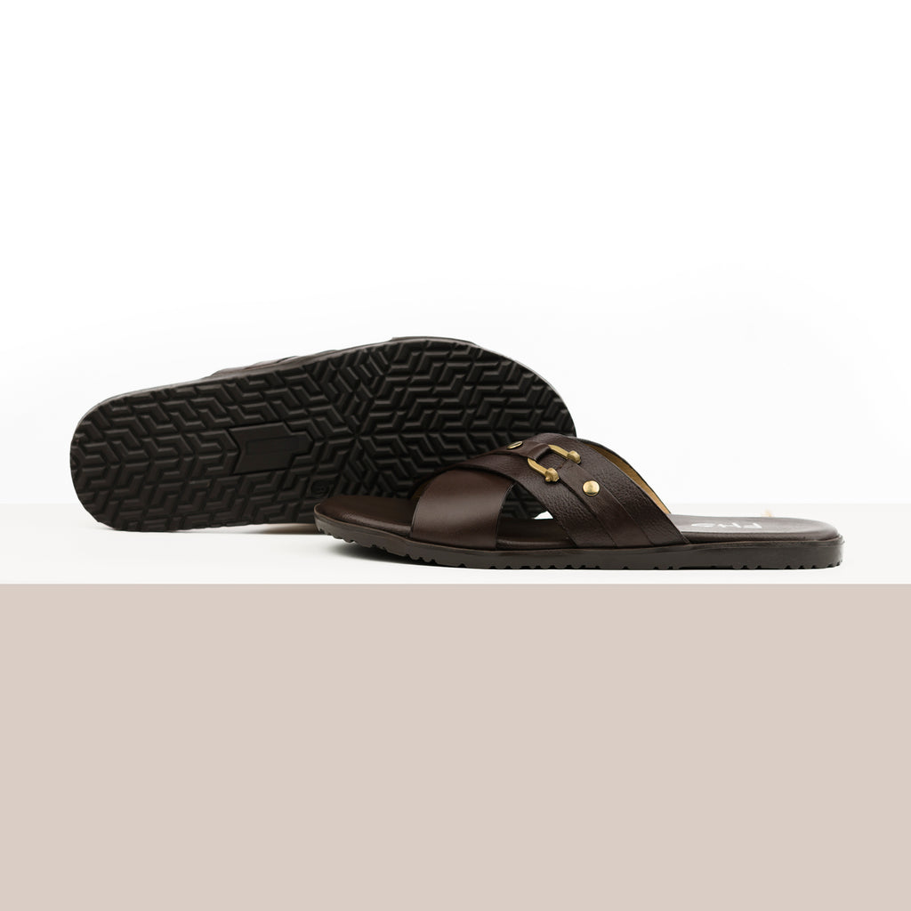Cross-Strapped Buckled Slippers - Brown