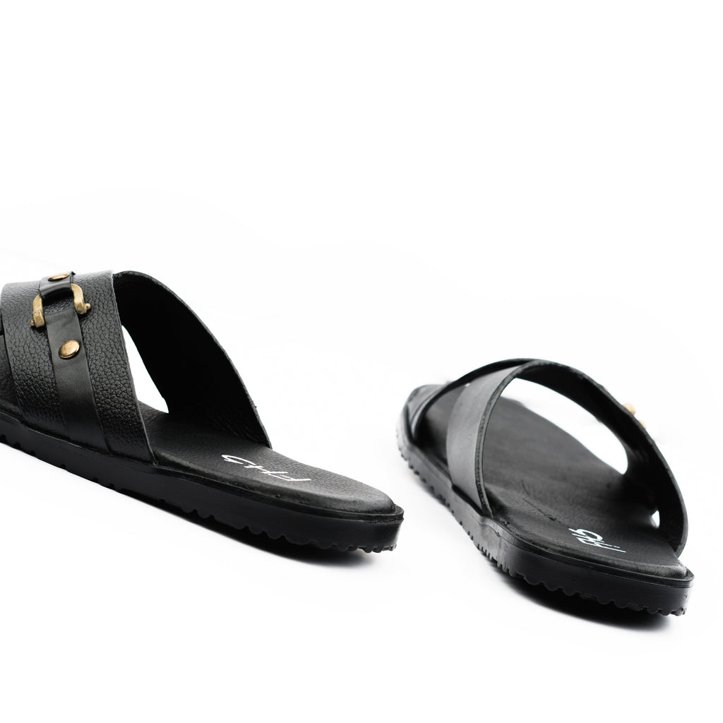 Cross-Strapped Buckled Slippers - Black