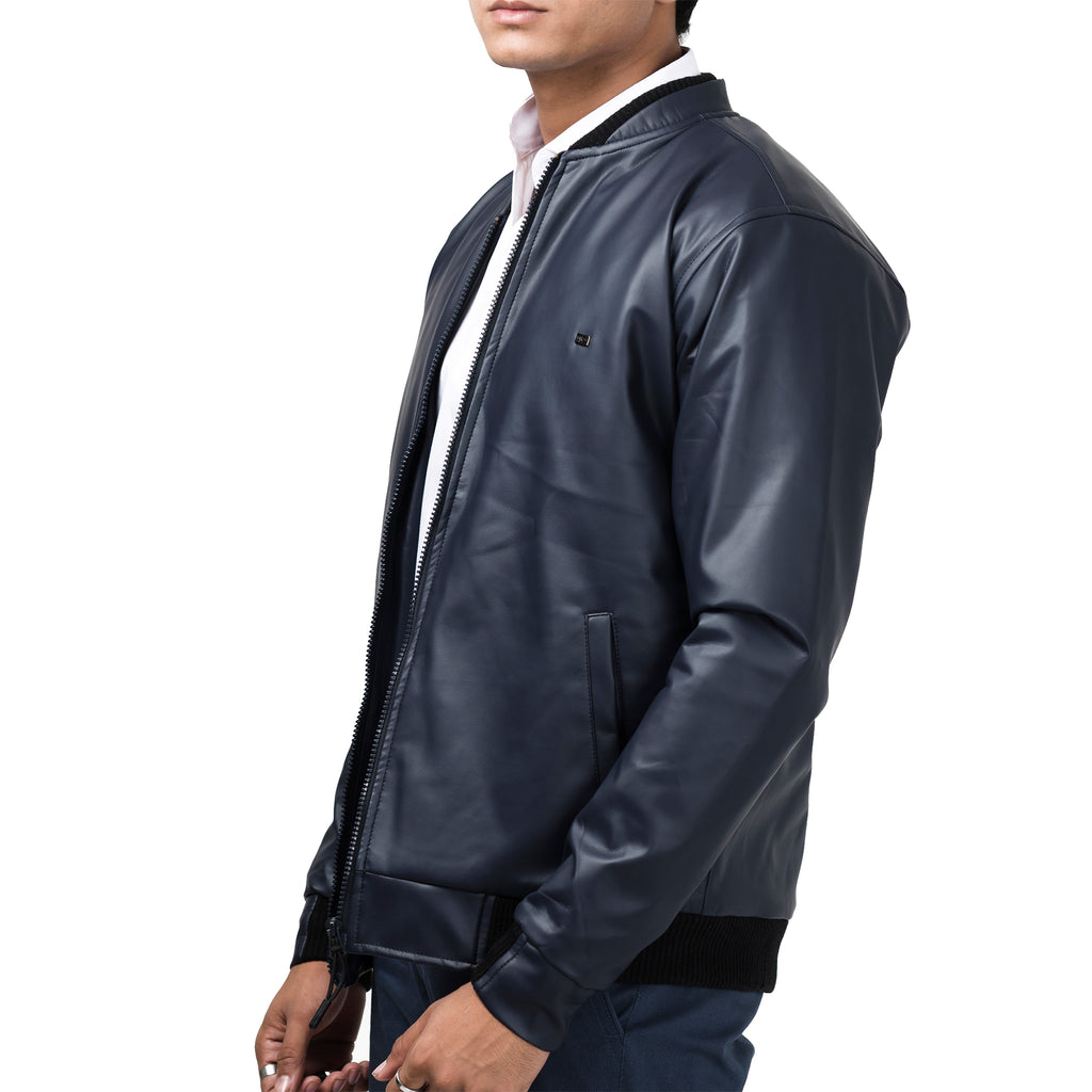 Double Collar Rexine Jacket-Navy