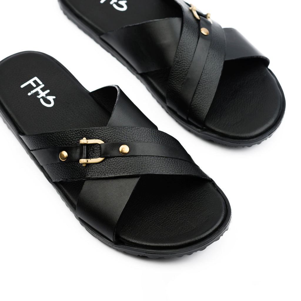Cross-Strapped Buckled Slippers - Black