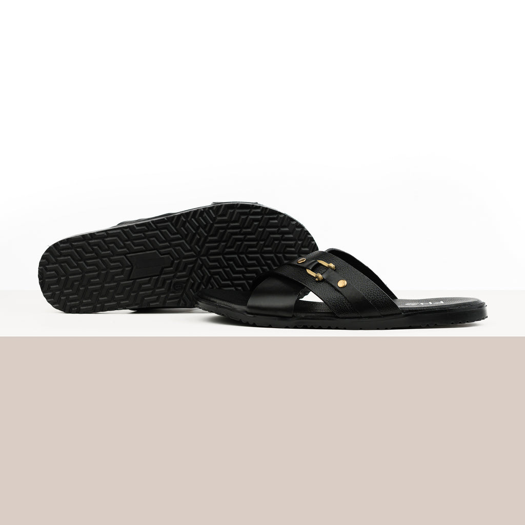 Cross-Strapped Buckled Slippers - Black