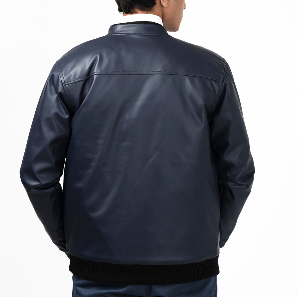 Double Collar Rexine Jacket-Navy