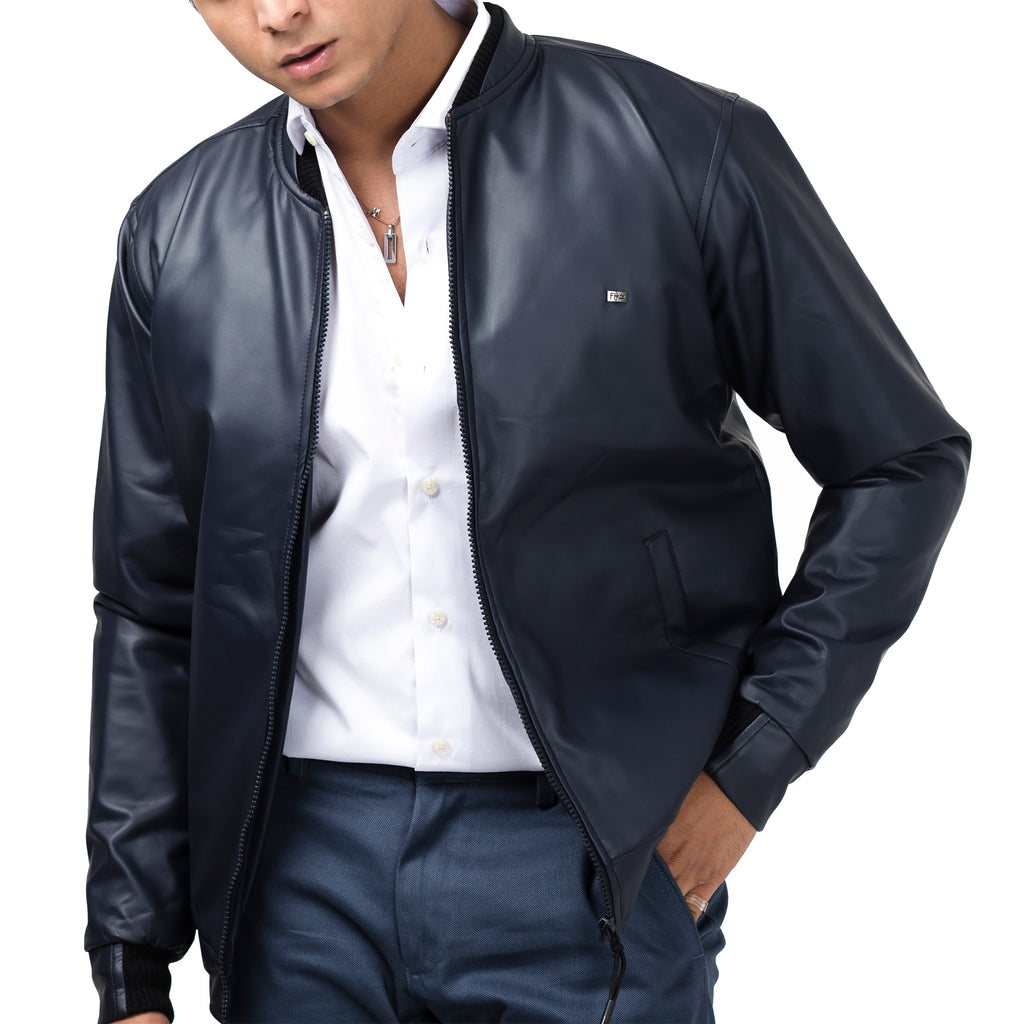 Double Collar Rexine Jacket-Navy