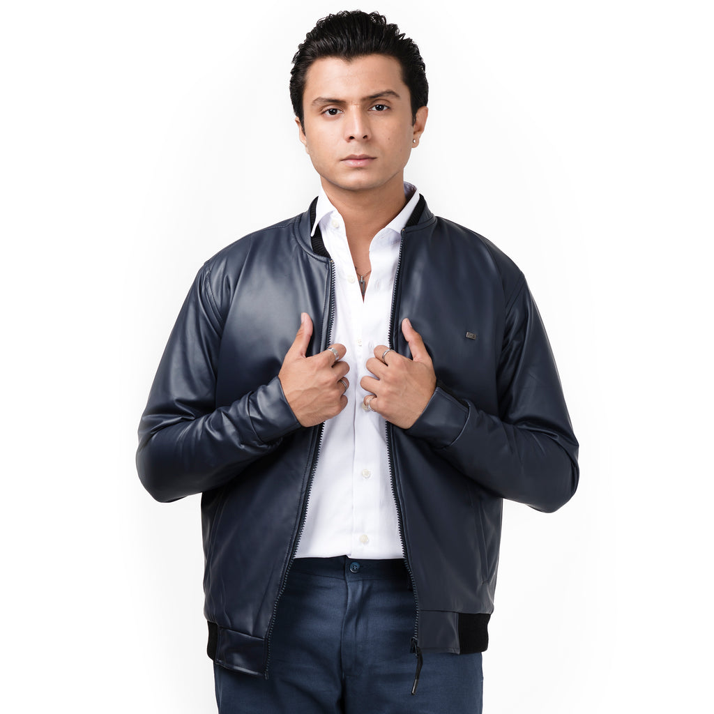 Double Collar Rexine Jacket-Navy