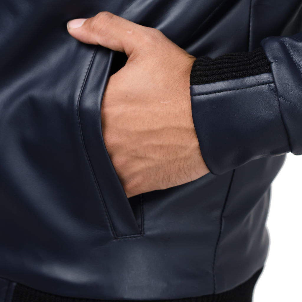 Double Collar Rexine Jacket-Navy