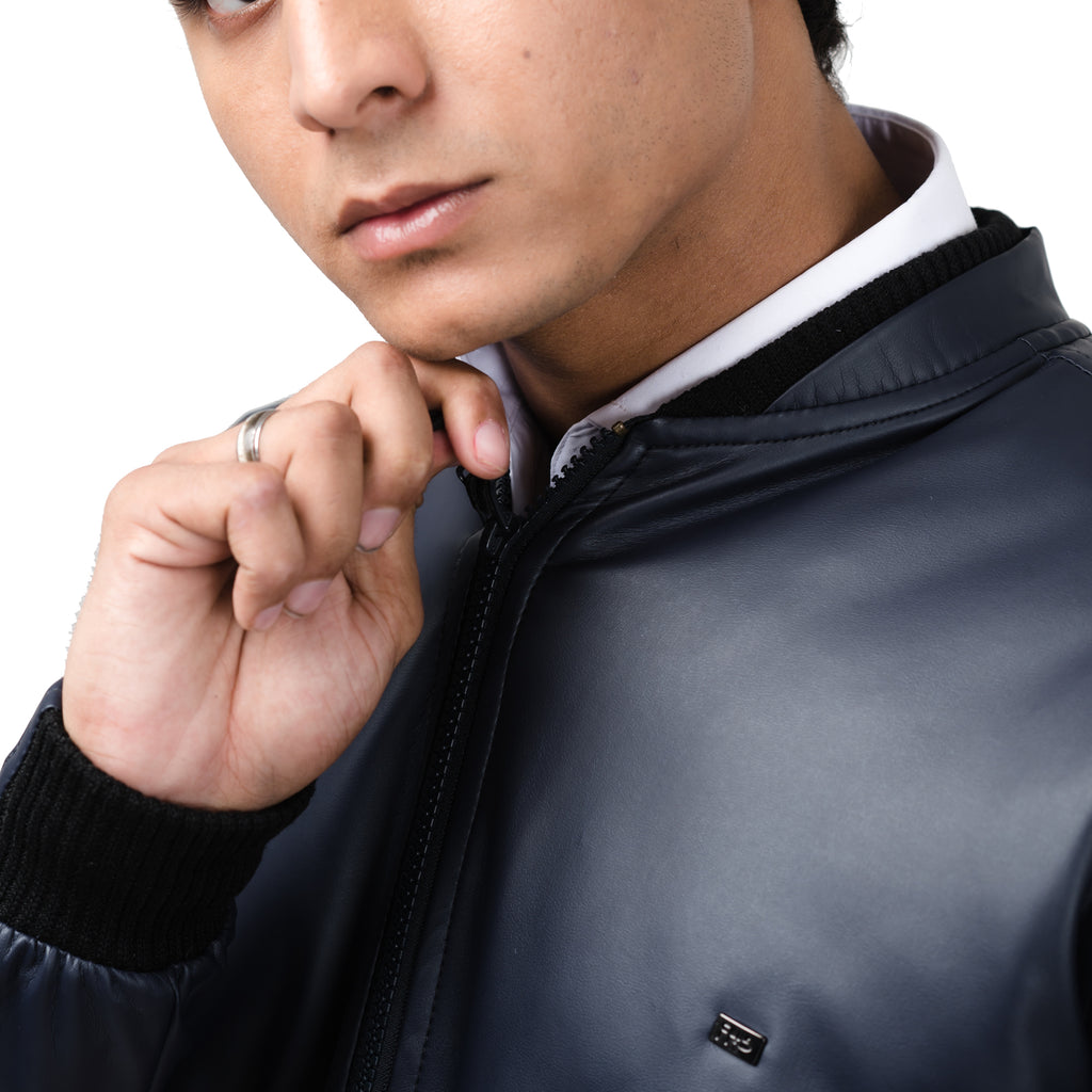 Double Collar Rexine Jacket-Navy