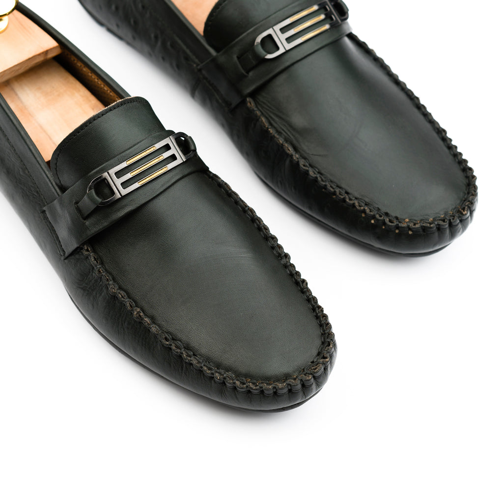Ostrich Embossed Moccasins - Olive