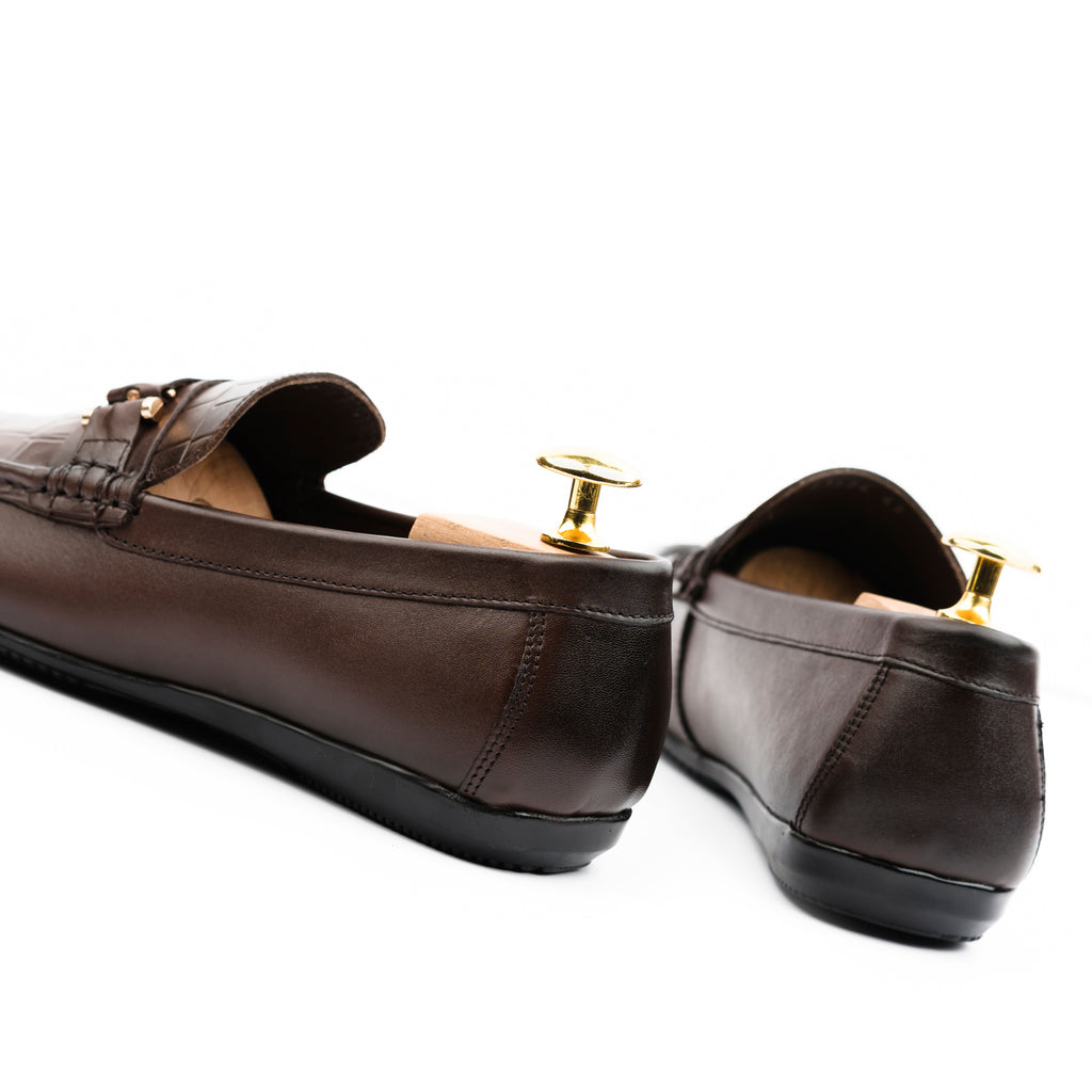 Crocodile Embossed Buckled Moccasins - Brown
