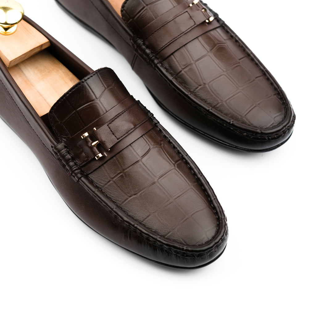Crocodile Embossed Buckled Moccasins - Brown