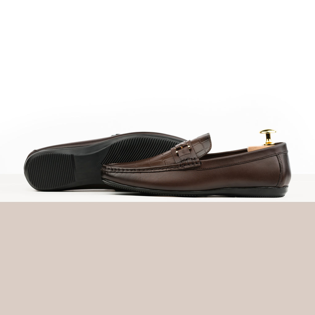 Crocodile Embossed Buckled Moccasins - Brown