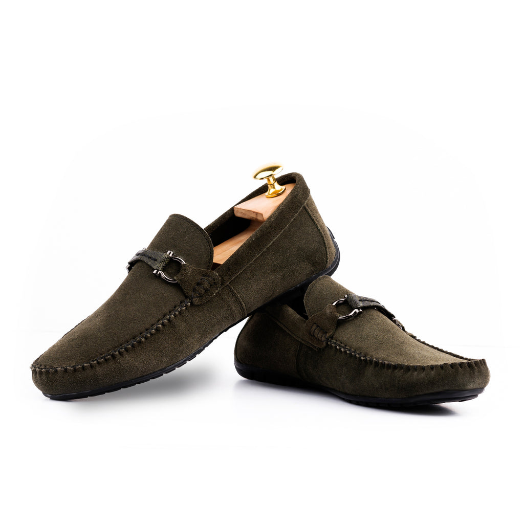Gun-Metal Buckled Suede Moccasins - Olive