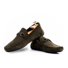 Load image into Gallery viewer, Gun-Metal Buckled Suede Moccasins - Olive