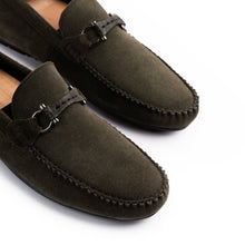 Load image into Gallery viewer, Gun-Metal Buckled Suede Moccasins - Olive