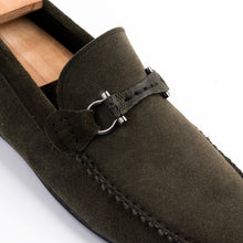 Load image into Gallery viewer, Gun-Metal Buckled Suede Moccasins - Olive