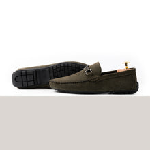 Load image into Gallery viewer, Gun-Metal Buckled Suede Moccasins - Olive