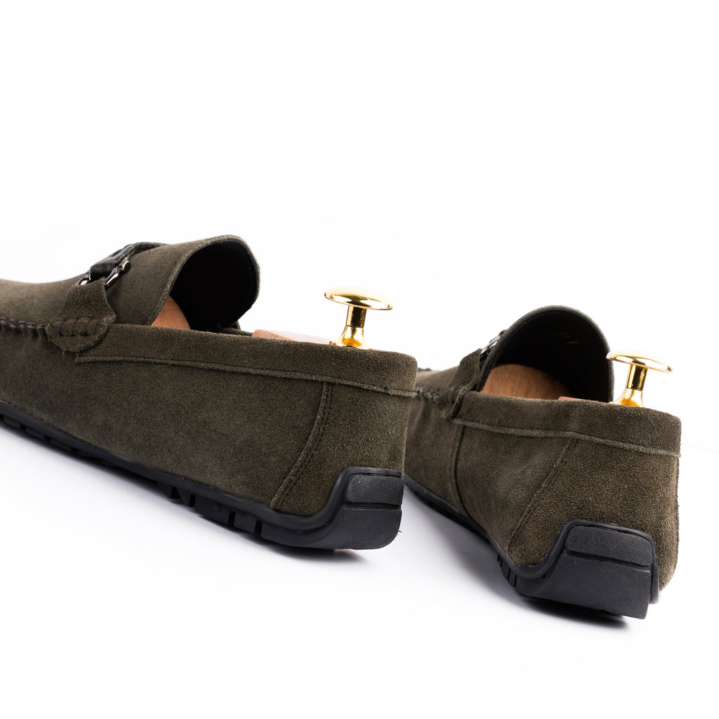 Gun-Metal Buckled Suede Moccasins - Olive
