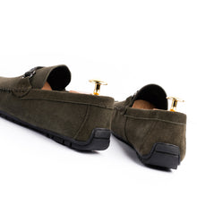 Load image into Gallery viewer, Gun-Metal Buckled Suede Moccasins - Olive