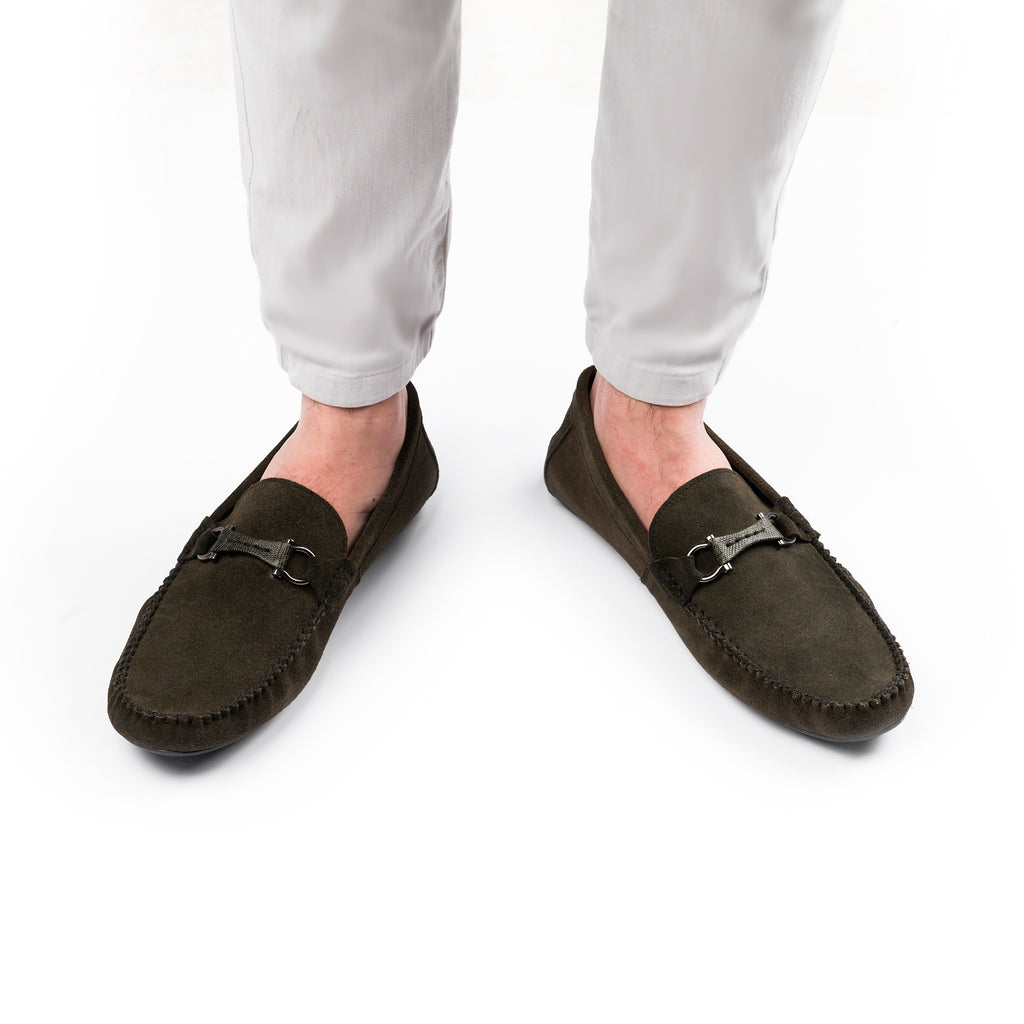 Gun-Metal Buckled Suede Moccasins - Olive