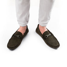 Load image into Gallery viewer, Gun-Metal Buckled Suede Moccasins - Olive