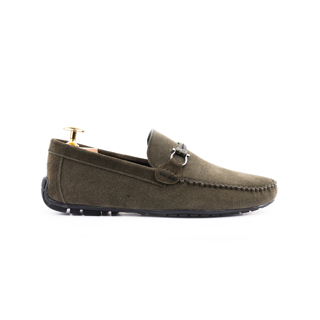 Gun-Metal Buckled Suede Moccasins - Olive