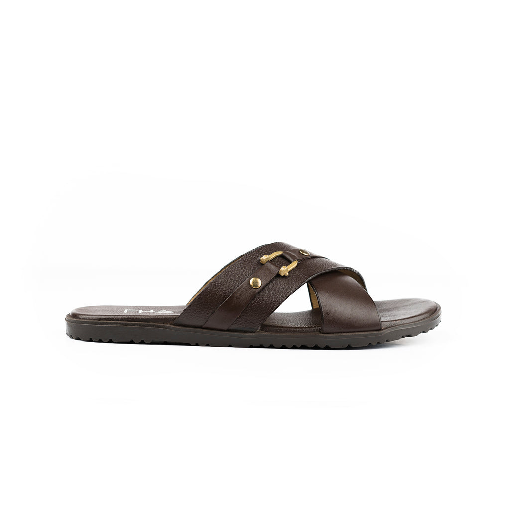 Cross-Strapped Buckled Slippers - Brown