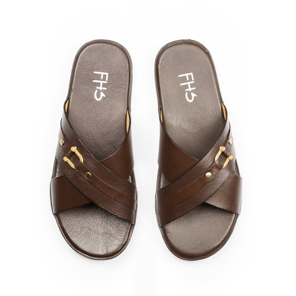 Cross-Strapped Buckled Slippers - Brown