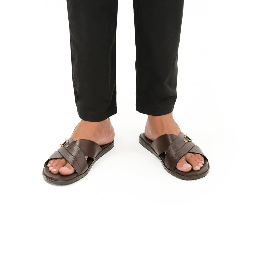 Cross-Strapped Buckled Slippers - Brown