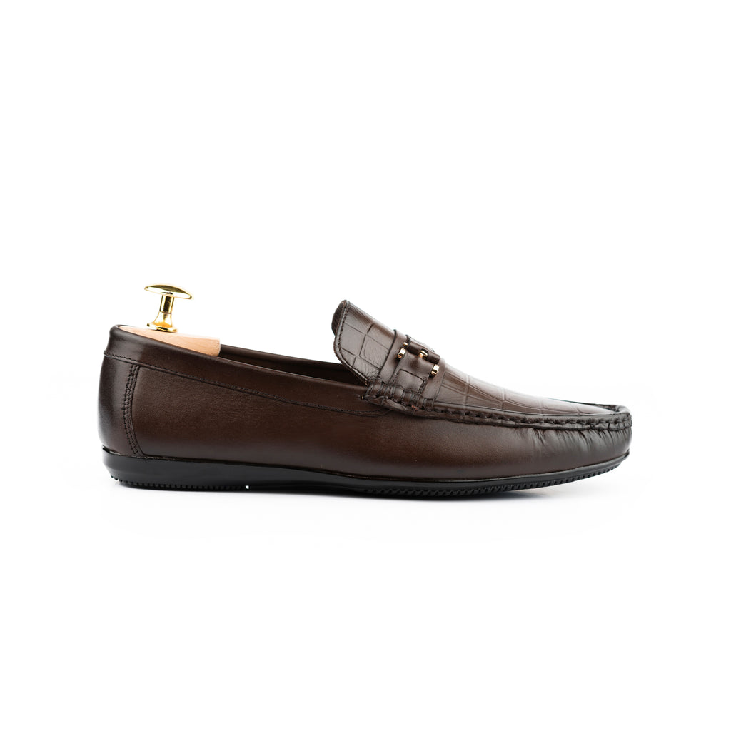 Crocodile Embossed Buckled Moccasins - Brown