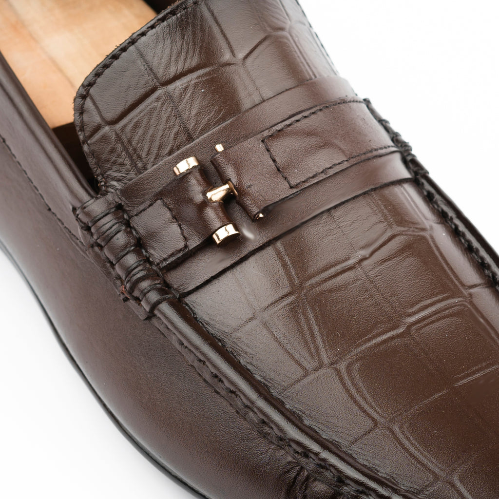 Crocodile Embossed Buckled Moccasins - Brown