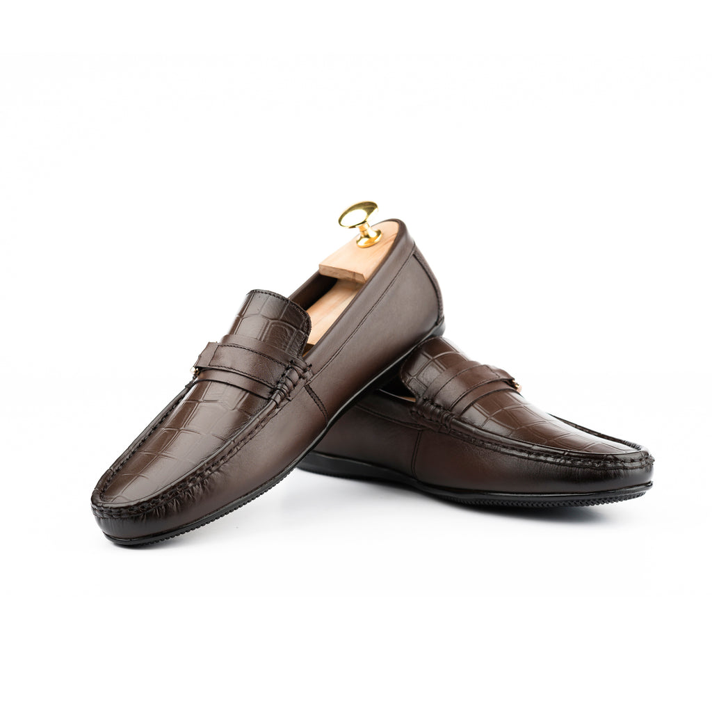 Crocodile Embossed Buckled Moccasins - Brown