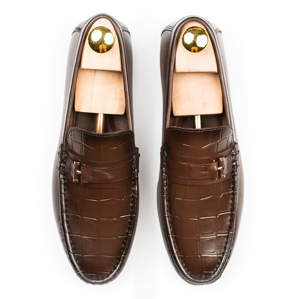 Crocodile Embossed Buckled Moccasins - Brown