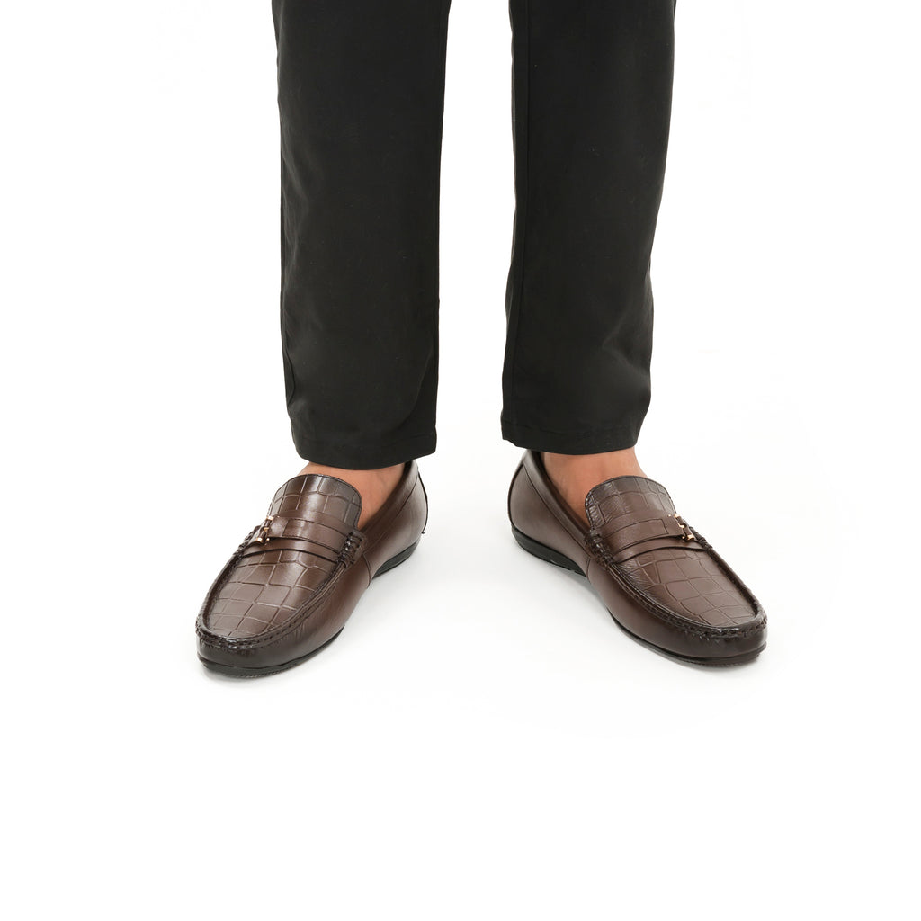 Crocodile Embossed Buckled Moccasins - Brown