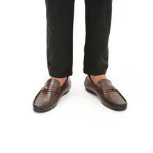 Load image into Gallery viewer, Crocodile Embossed Buckled Moccasins - Brown