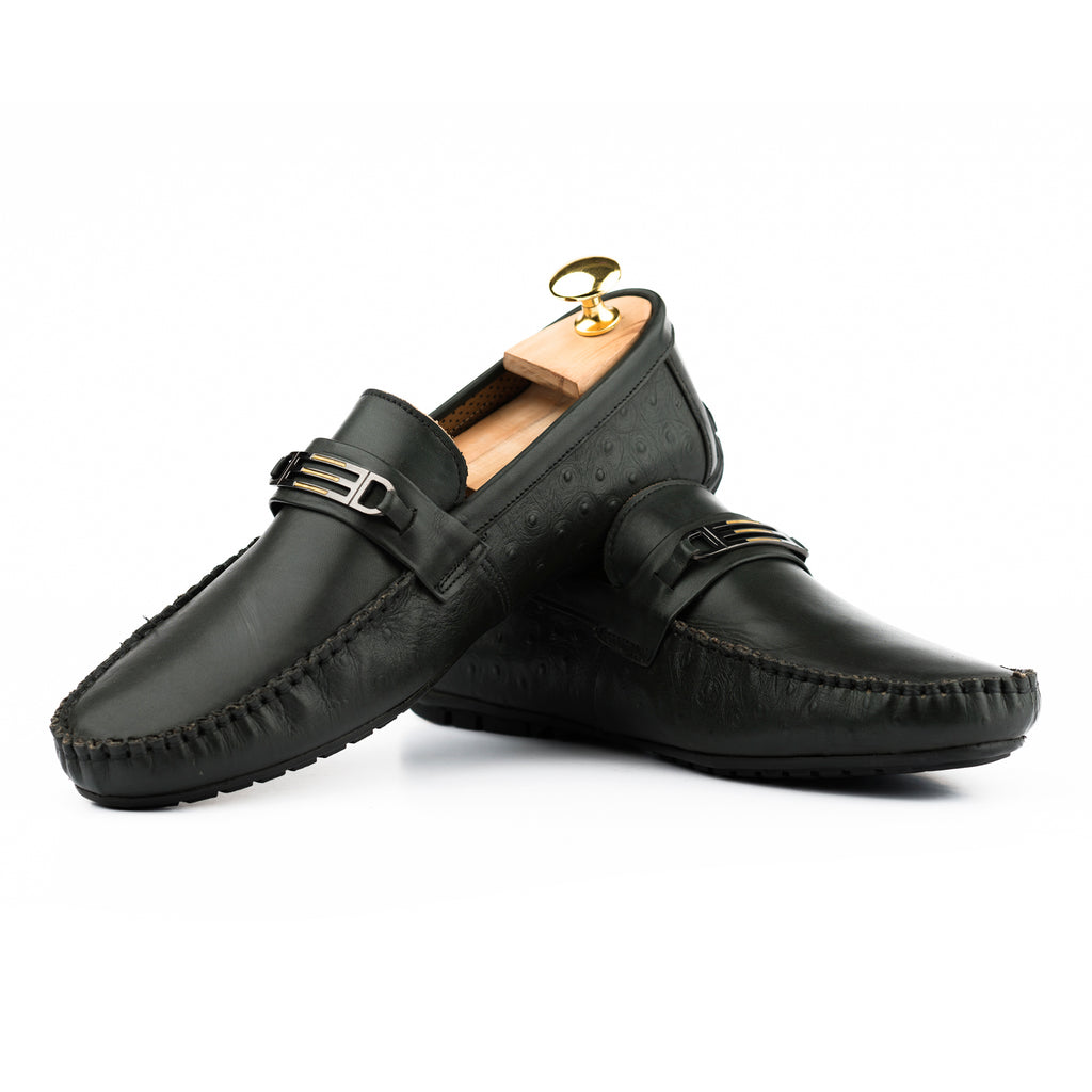Ostrich Embossed Moccasins - Olive