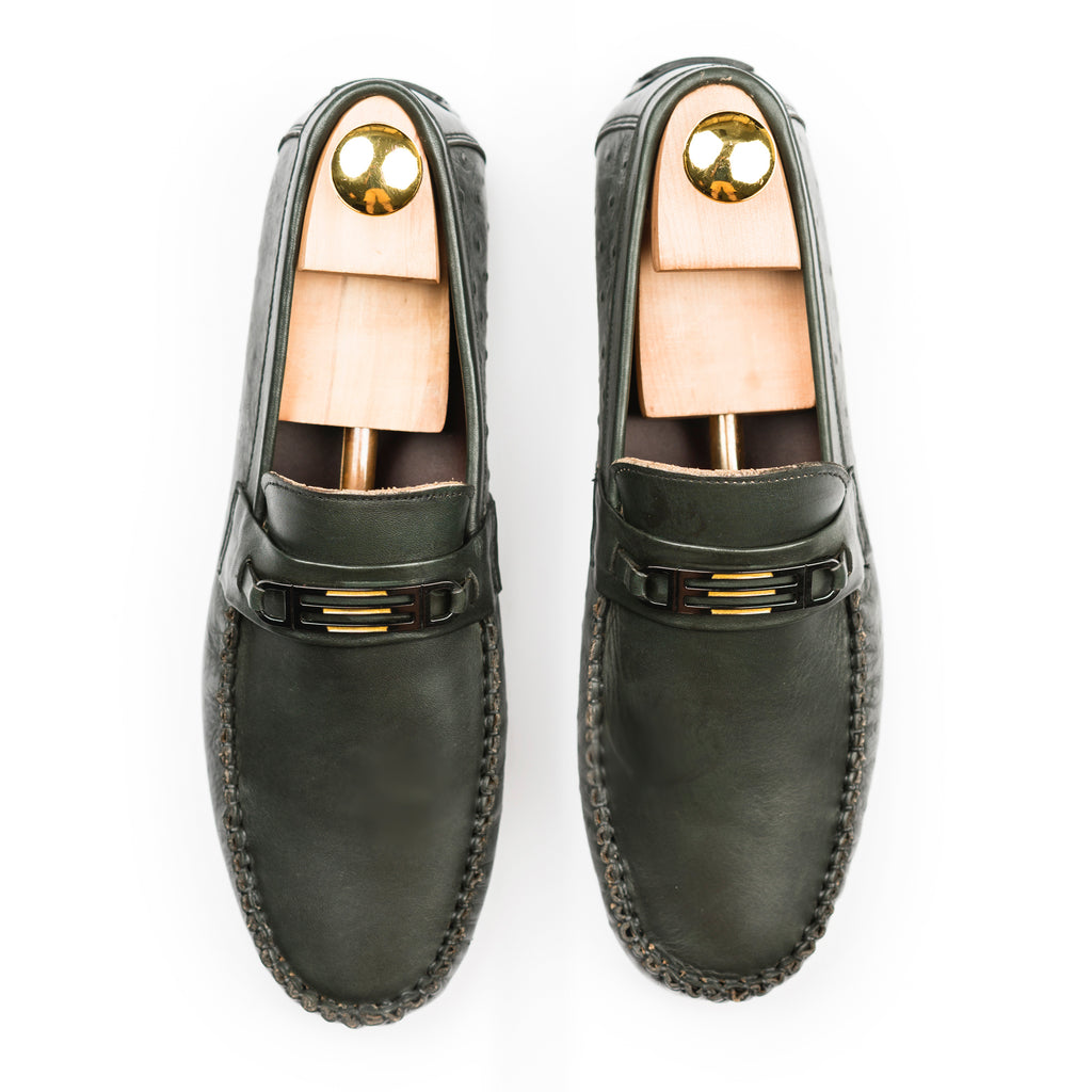 Ostrich Embossed Moccasins - Olive