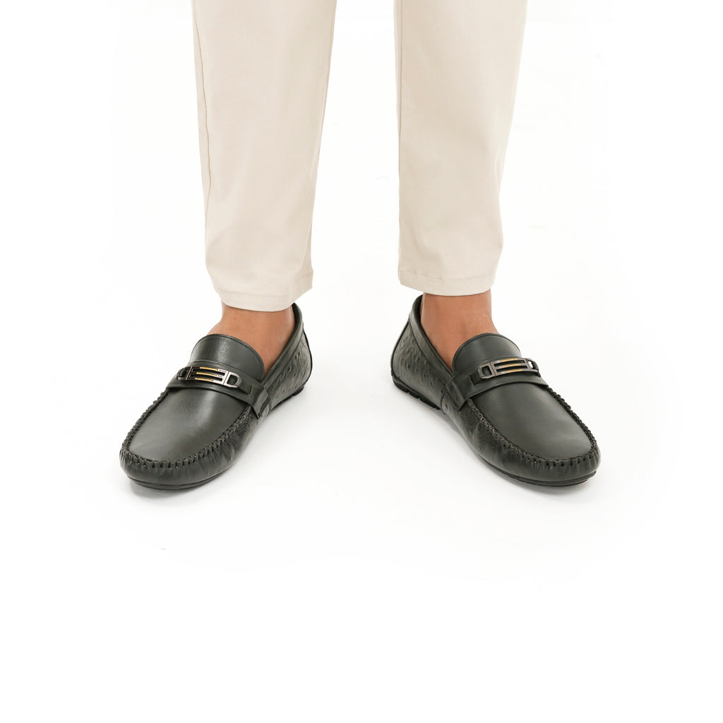 Ostrich Embossed Moccasins - Olive