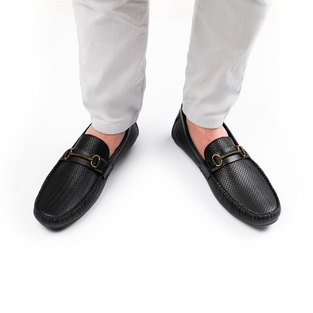Basket-weave Patterned Moccasins - Black