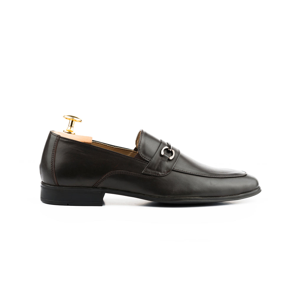 Gun Metal Buckled Leather Loafers - Dark Brown