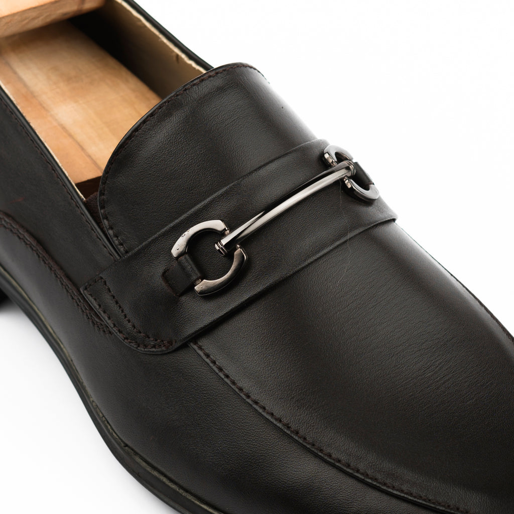 Gun Metal Buckled Leather Loafers - Dark Brown