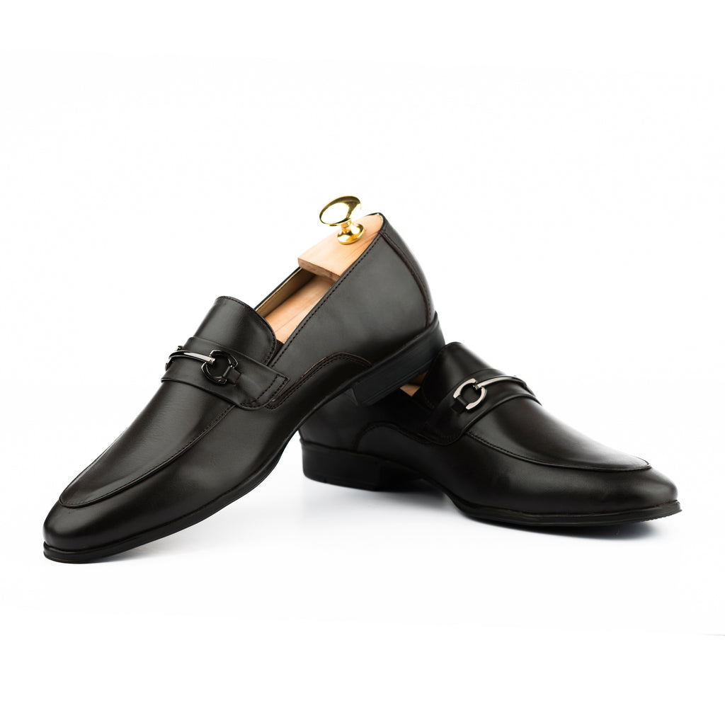 Gun Metal Buckled Leather Loafers - Dark Brown