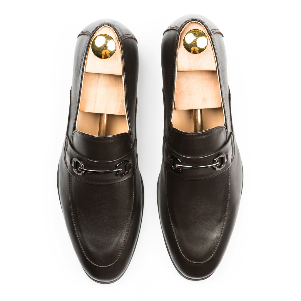 Gun Metal Buckled Leather Loafers - Dark Brown
