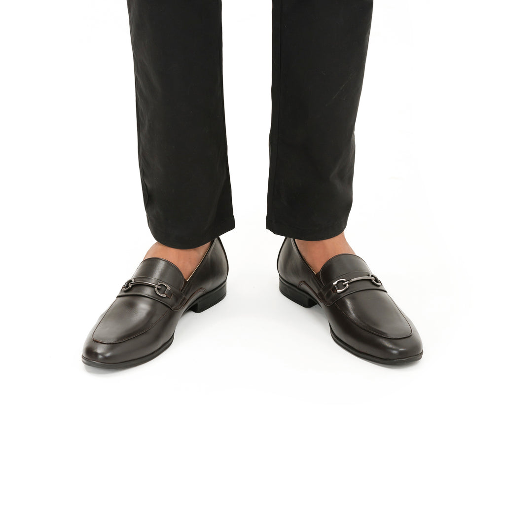 Gun Metal Buckled Leather Loafers - Dark Brown