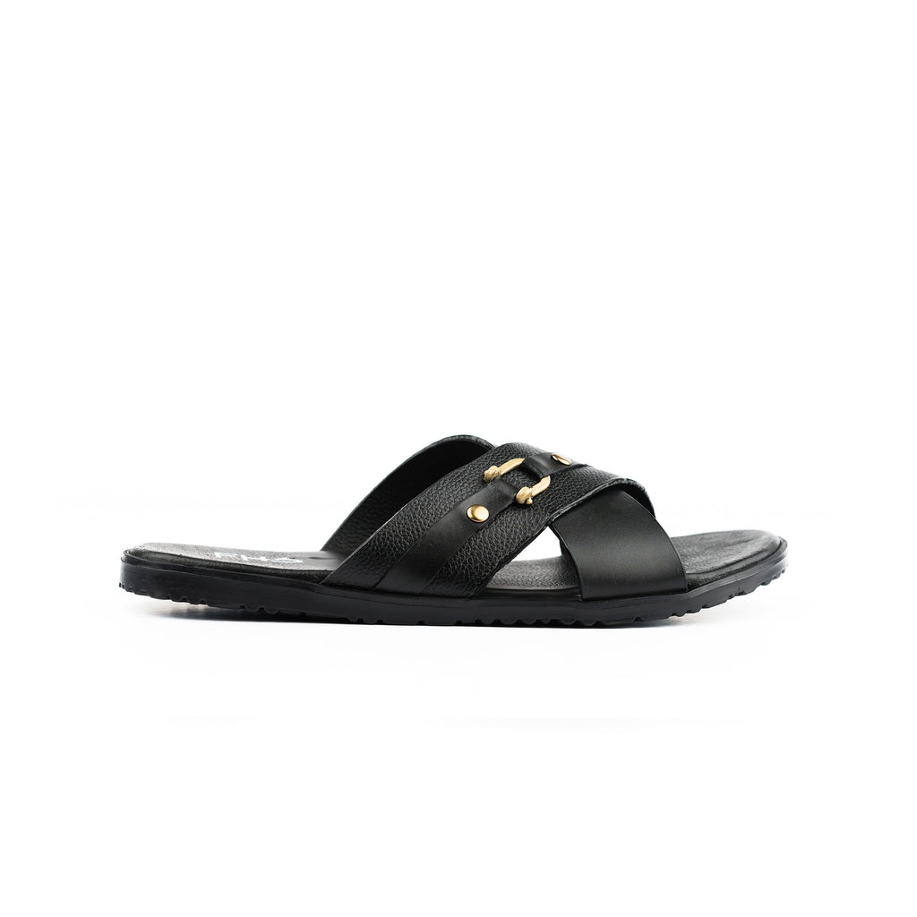 Cross-Strapped Buckled Slippers - Black
