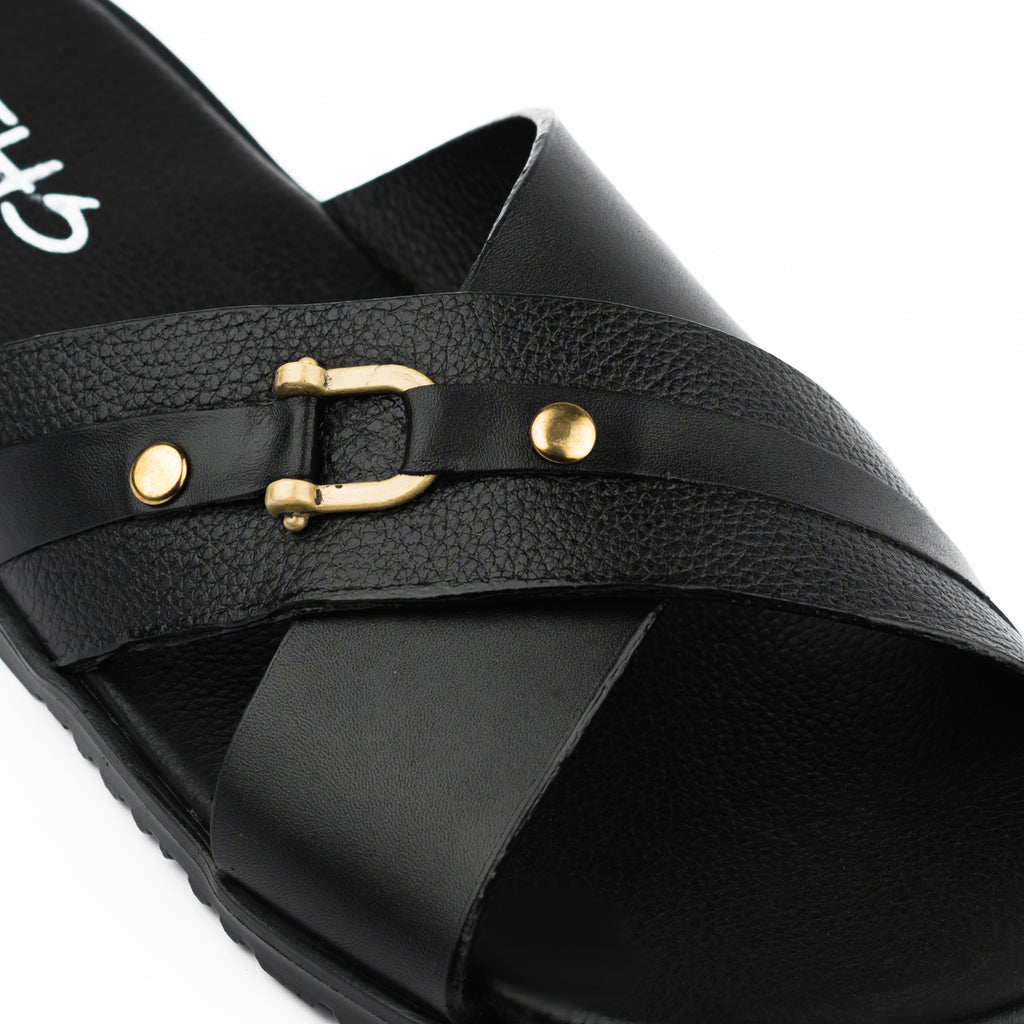 Cross-Strapped Buckled Slippers - Black
