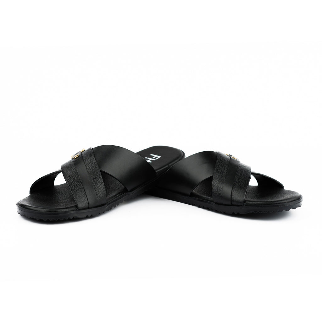 Cross-Strapped Buckled Slippers - Black
