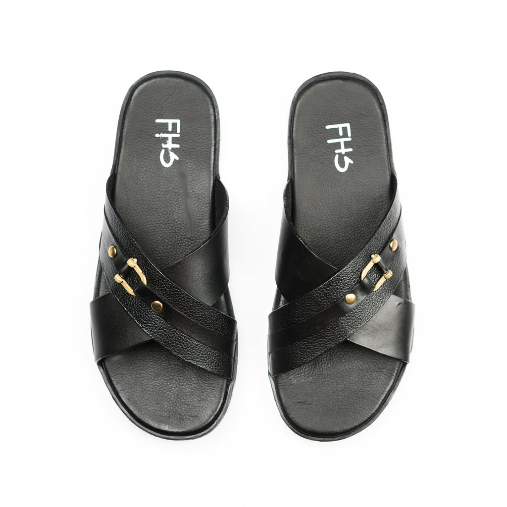 Cross-Strapped Buckled Slippers - Black